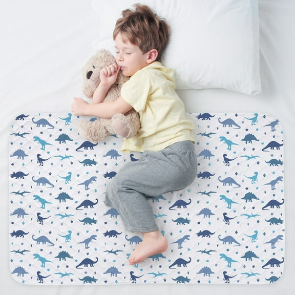 WOVENX Organic Incontinence Pads for Kids & Toddlers - 5 Layer Waterproof Protectors for Overnight Bed Wetting - Reusable & Washable Pee Pads - Fits Twin to Full Size Beds - 34" x 52" Dinosaur