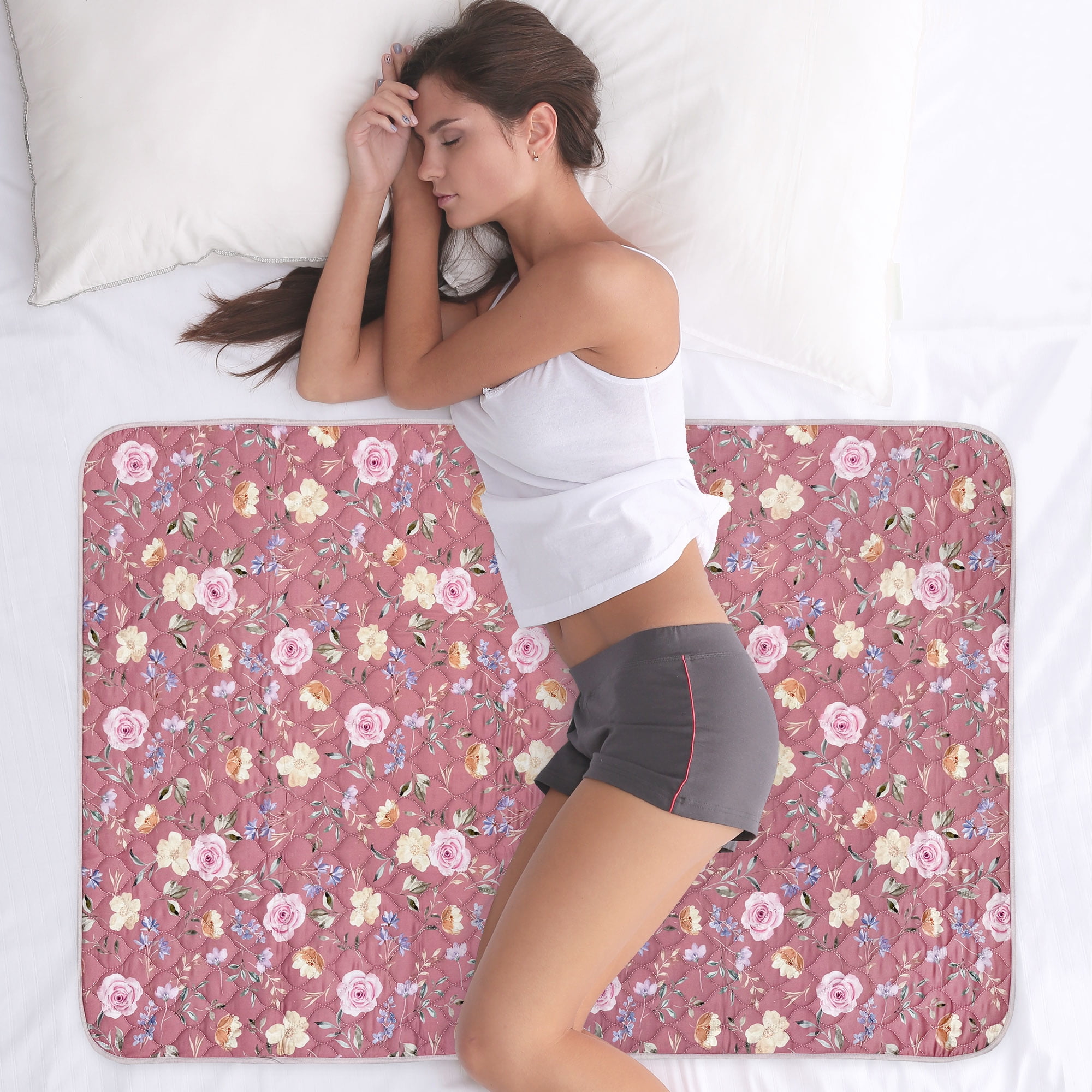 WOVENX Organic Incontinence and Period Pads for Adults - 5 Layer Waterproof Protectors for Overnight Period Wetting - Reusable & Washable Pads - Fits Twin to Full Size Beds - 34" x 52" Flower