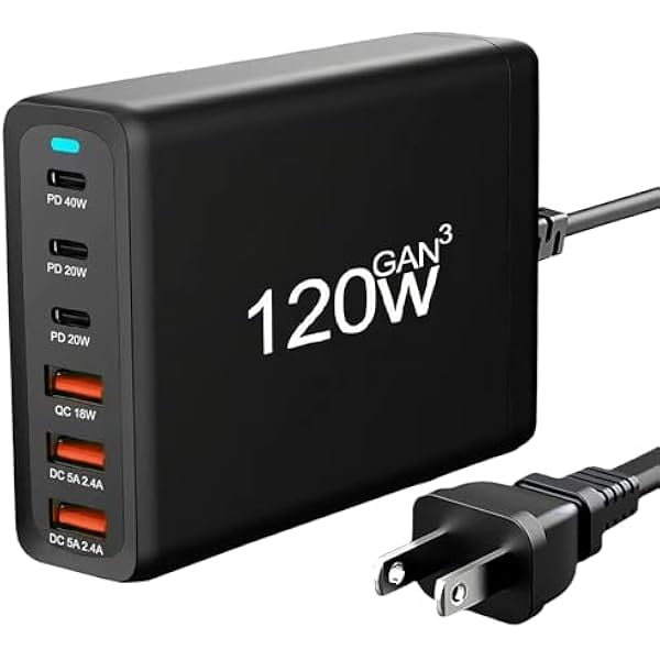 WOVTE 120W USB C Fast Charger Block, 6 Port GaN III Multiple USB Charger Station, USB C Charging Block, Wall Charger for iPhone, Samsung, Galaxy, MacBook, Air Pro