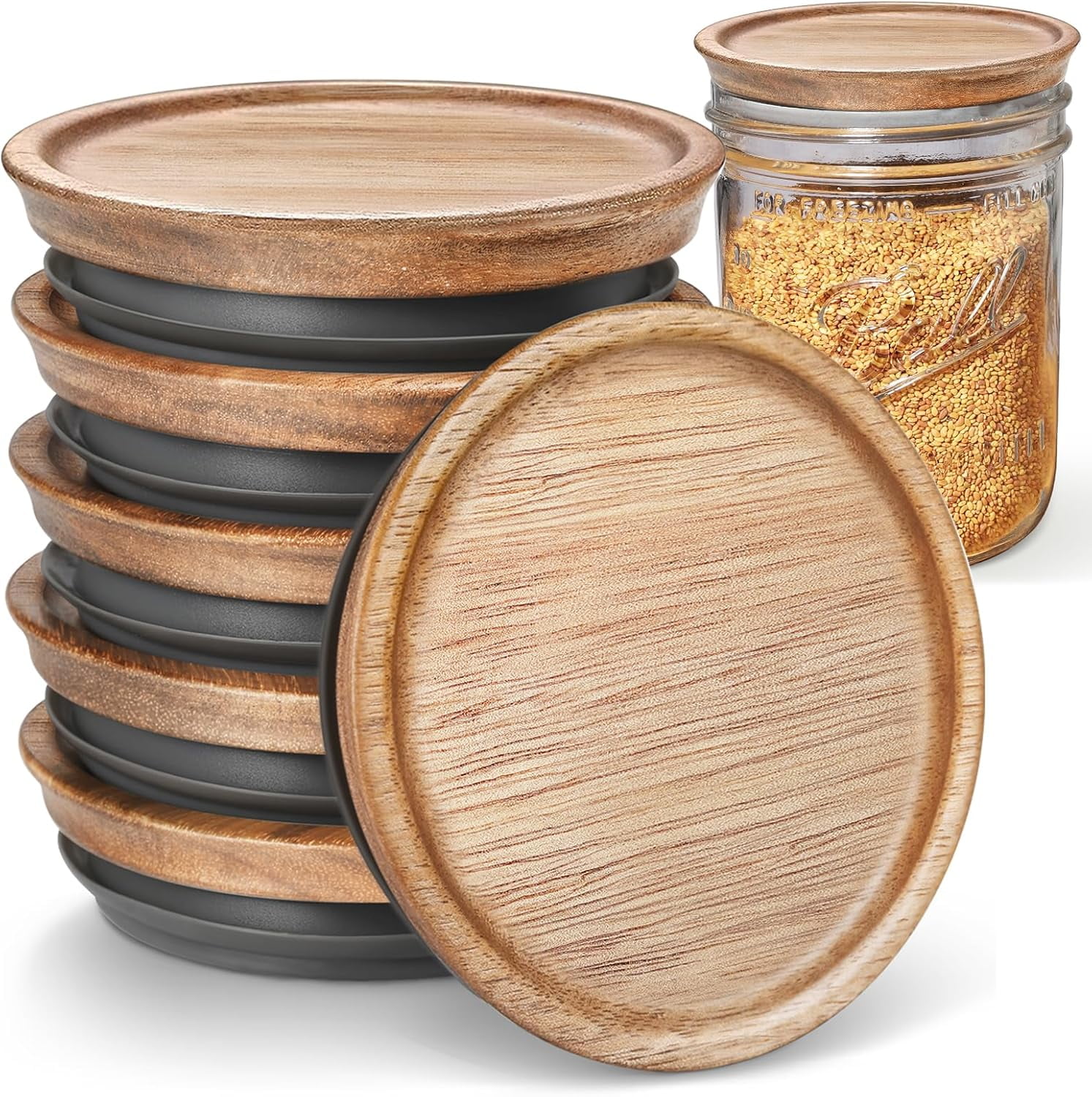 WOVTE 6-Pack Wide Mouth Wooden Mason Jar Lids for Ball/Mason/Kerr Jars, 6-Pack, Natural Acacia Wood, Food-Grade Material, 100% Fit & Airtight for Wide Mouth Jars (6PCS-Wide)