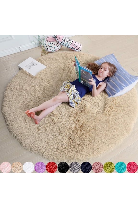 Beige Round Rug 4Ft for Bedroom, Fluffy Shag Circle Area Rugs for Classroom Nursery, Cool Living Room Decor Aesthetic, Cute Fuzzy Floor Carpet for Preppy Dorm Apartment