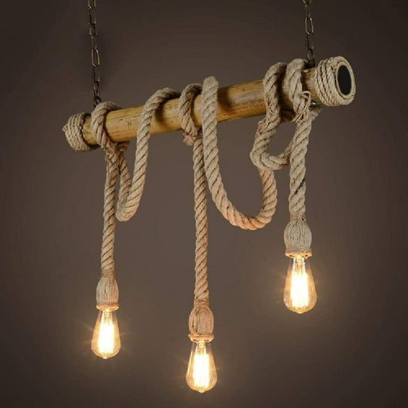 WOVTE Chandelier Pendant Novelty Rope, 3 Head Chandelier, Vintage Mood, Hemp Rope and Bamboo Pendant Lights