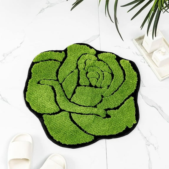 WOVTE Cute Rose Bath Mat for Bathroom, Pink Bathroom Mats Non Slip Flower Shaped Absorbent Bathtub Rug Bathroom Fluffy Shower Rugs Washable Decorative Floral Small Rug Doormats for Tub(green)