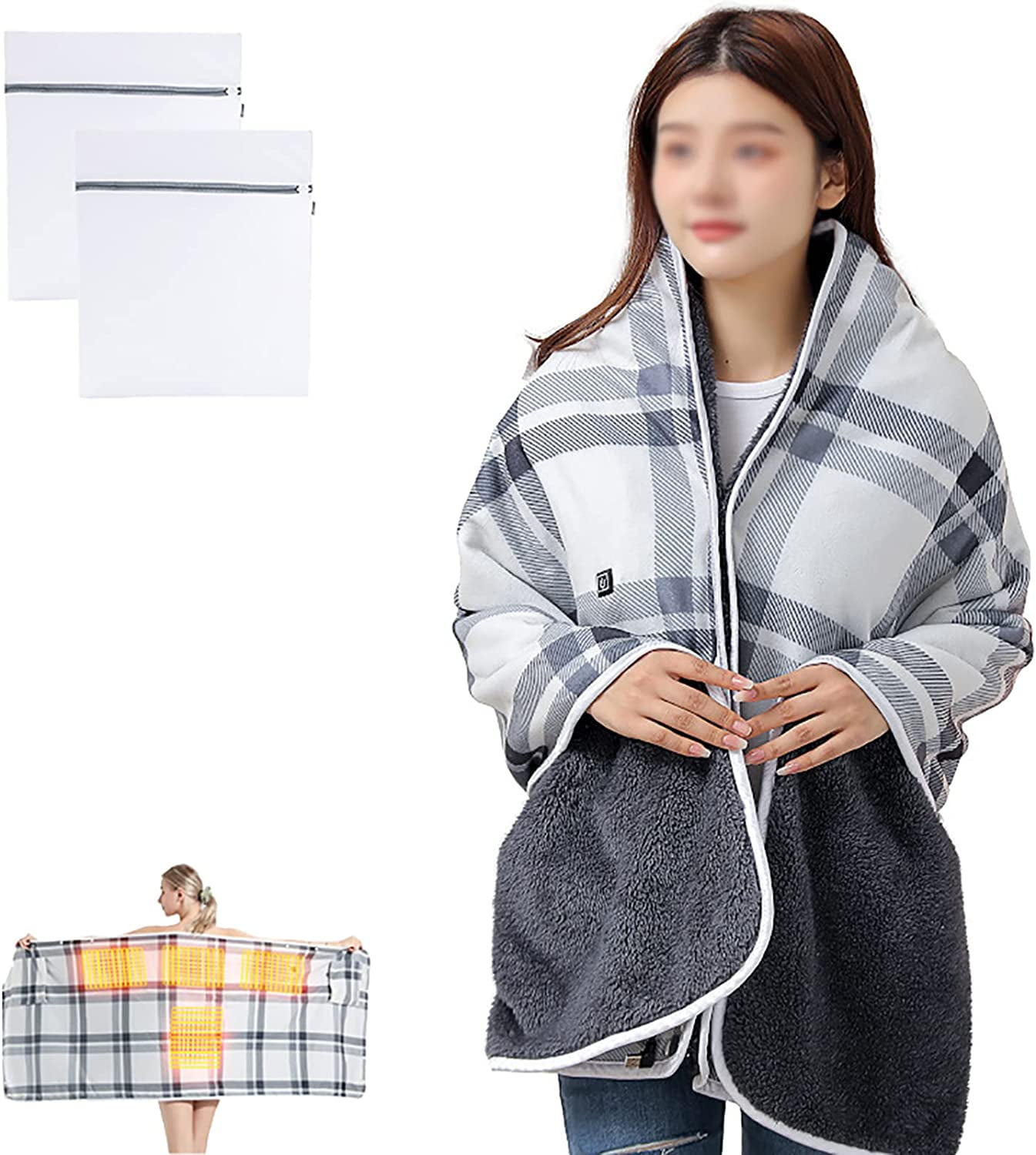 WOVTE Electric Heated Shawl for Women, USB Dual Pocket Electric Blankets Soft Fleece Heating Blanket Throw with 3 Heating Levels for Home Office Car Outdoor Use,Gray