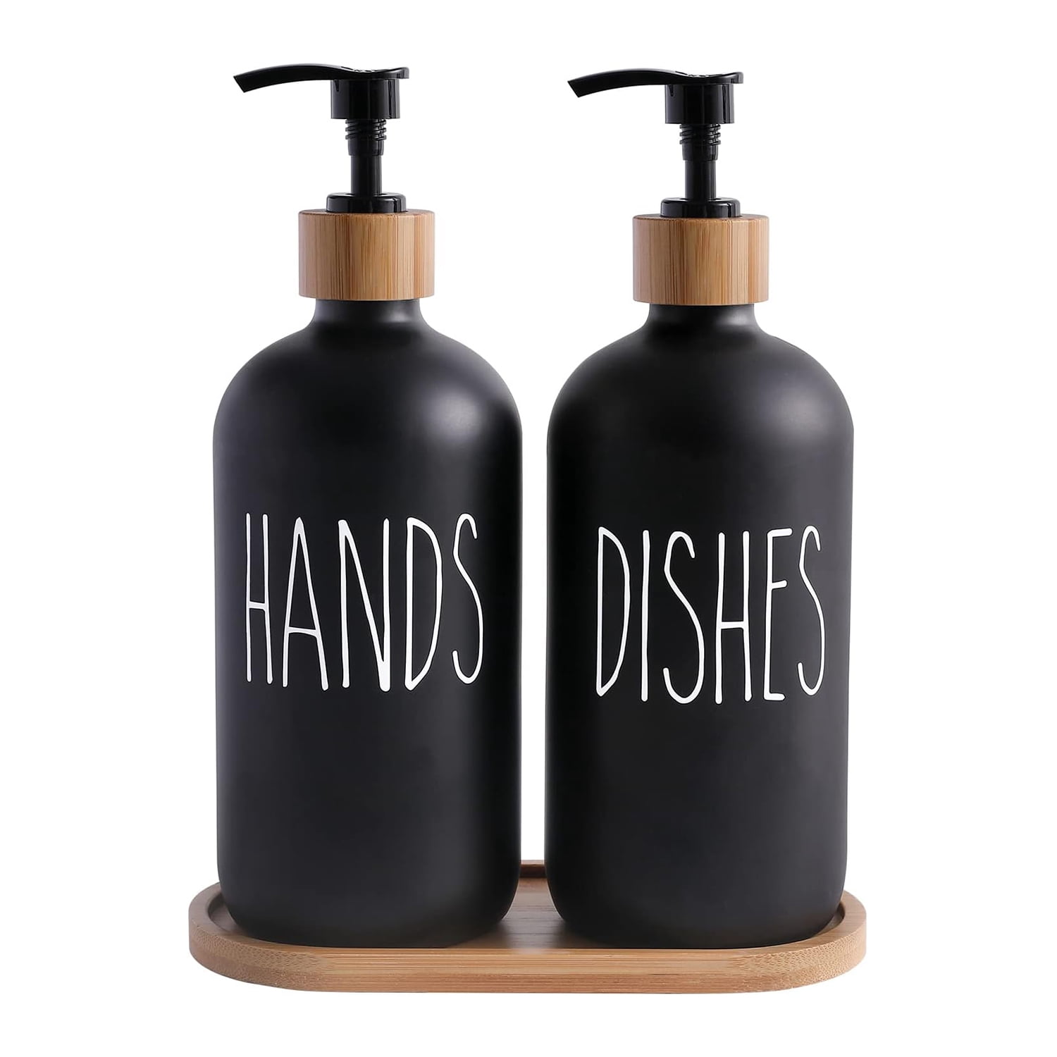 WOVTE Glass Hand and Dish Soap Dispenser Set, Kitchen Soap Dispenser Set with Tray, Suitable for Kitchen Sink, Housewarming Gift, Countertop Decor, Rustic Kitchen Decor (Black, 16oz)