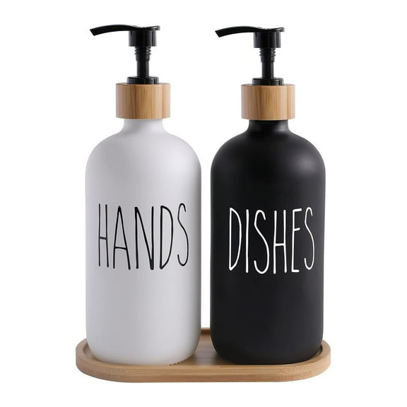 WOVTE Glass Hand and Dish Soap Dispenser Set, Kitchen Soap Dispenser Set with Tray, Suitable for Kitchen Sink, Housewarming Gift, Countertop Decor, Rustic Kitchen Decor (Black&White, 16oz)
