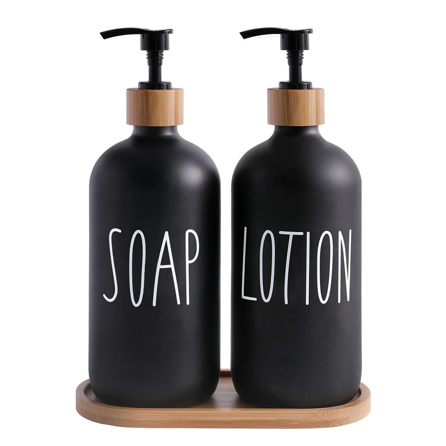 WOVTE Glass Lotion and  Soap Dispenser Set, Bathroom Soap Dispenser Set with Tray, Suitable for Bathroom Accessories, Housewarming Gift, Countertop Decor, Modern Bathroom Decor (Black, 16oz)