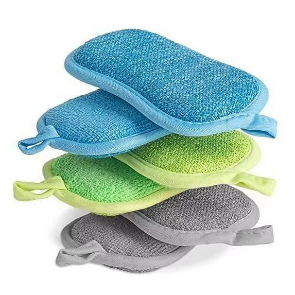 WOVTE Magic Sponge, 6 pieces, gray, green, and blue - Reusable super absorbent washable sponge - Double sided ultra-fine fiber washable sponge for cleaning tableware and kitchen utensils