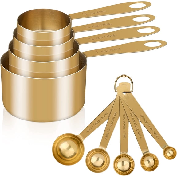 WOVTE Measuring Cups and Spoons Set of 9, Stainless Steel Handle with Metric and US Measurements, Golden Polished Finish, Dry & Liquid Ingredient Measuring Cup for Cooking and Baking