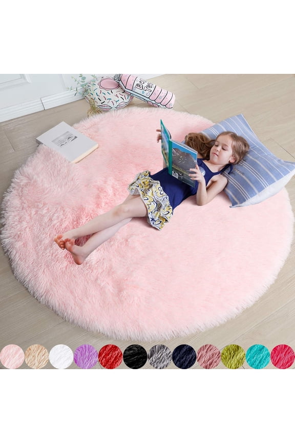Pink Round Rug for Bedroom, Fluffy Circle Rug 4' x 4' Furry Carpet for Teen Room, Shaggy Circular Rug for Nursery Room, Fuzzy Plush Rug for Dorm, Cute Room Decor
