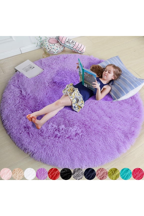 Purple Round Rug for Bedroom, Fluffy Circle Rug 4' x 4' Furry Carpet for Teen Room, Shaggy Circular Rug for Nursery Room, Fuzzy Plush Rug for Dorm, Cute Room Decor