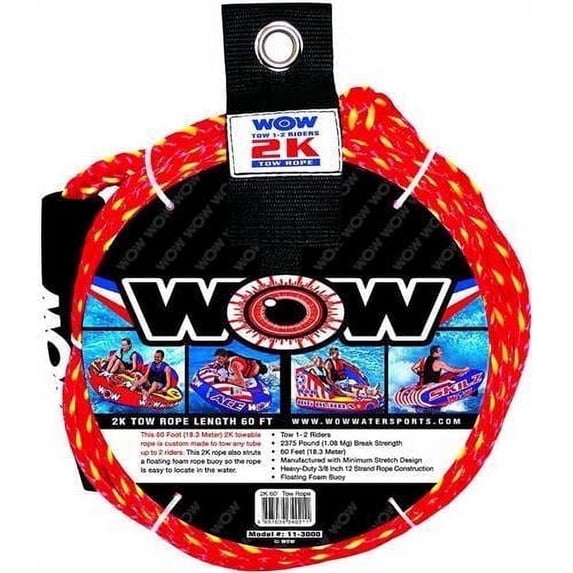 WOW Sports 2K 60' Tow Rope for Boating, Towables and Watersports, 1-2 Person
