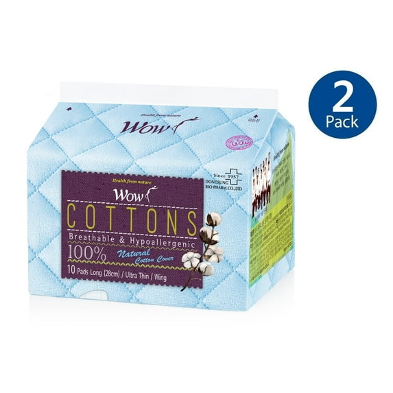 WOW Cotton Long Large Sanitary Pads, Winged, Unscented, Pack of 2