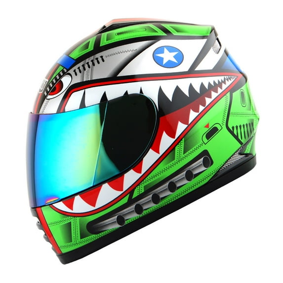 WOW Motorcycle Full Face Helmet Street Bike BMX MX Youth Kids HKY-B15 Monster Shark Green