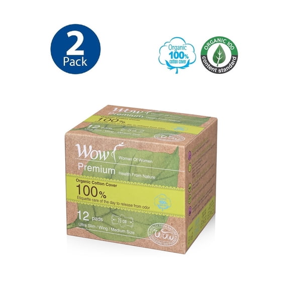 WOW Organic Cotton Pads Regular Size for Women, 2 Pack 24 CT
