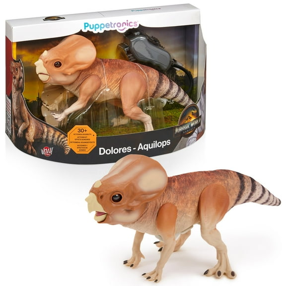 WOW! STUFF: Jurassic World Dolores Deluxe Puppetronic by RealFX - Interactive Baby Aquilops, 30+ Actions & Sounds, Realistic 15" Dinosaur Toy, Ages 8+