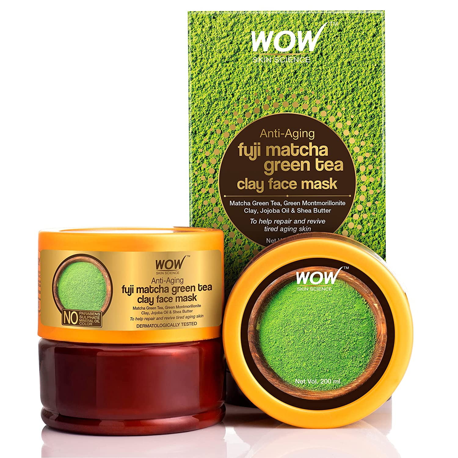 WOW Skin Science Anti-Aging Fuji Matcha Green Tea Clay Face Mask for Smooth Skin, Remove Dullness - 200 ml