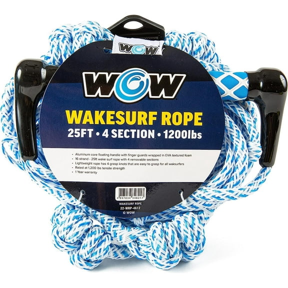 WOW Sports 25' Towing Rope for Wakesurf and Watersports, 4-Section Rope, 25'