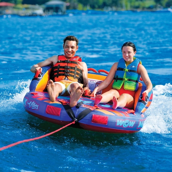WOW Sports Max Vibes 2 Person Towable with Rope Inflatable Water Tube Boat