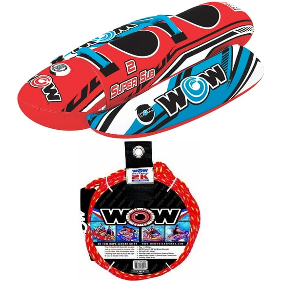 WOW Sports Super Sub 1-2 Person Towable, Waterskiing Towables Ages 12+ and WOW Sports 2K Tow Rope for Boating, Towables and Watersports, 60 ft