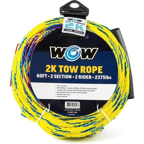 WOW Sports 2K 60' Towing Rope for Boating, Watersports and Towables, 1-2-Rider, 2 Sections