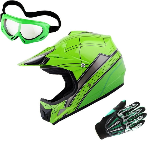 WOW Updated Youth Motocross Helmet Kids Motorcycle Bike Helmet HJOY Spider Green + Goggles + Skeleton Green Glove Bundle