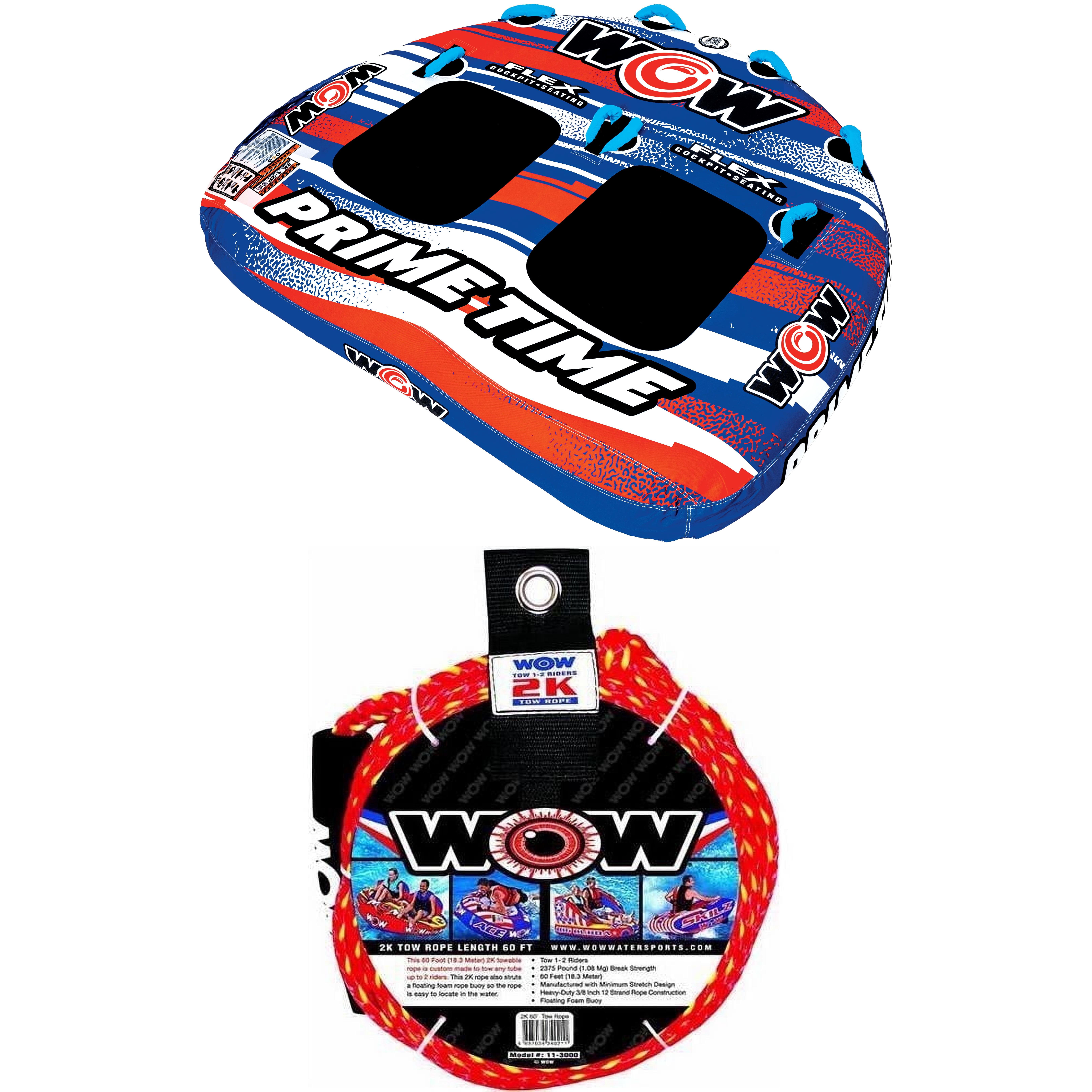 WOW Watersports Prime Time 2 Person Inflatable Towable Tube for Boating, Children to Adults 12+ and WOW Sports 2K Tow Rope for Boating, Towables and Watersports, 60 ft