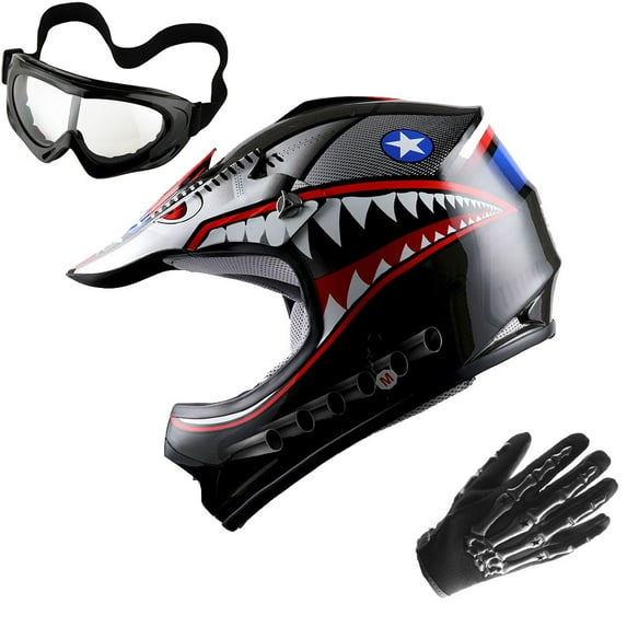 WOW Youth Kids Motocross BMX MX ATV Dirt Bike Helmet HBOY Shark Black + Goggles + Skeleton Black Glove Bundle