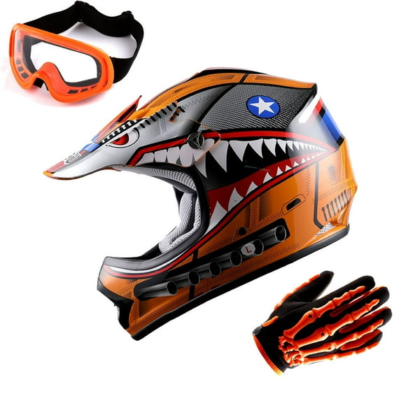 WOW Youth Kids Motocross BMX MX ATV Dirt Bike Helmet HBOY Shark Orange + Goggles + Skeleton Orange Glove Bundle