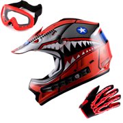 WOW Youth Kids Motocross BMX MX ATV Dirt Bike Helmet HBOY Shark Red + Goggles + Skeleton Red Glove Bundle