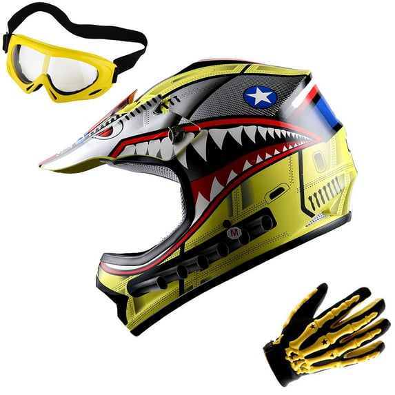 WOW Youth Kids Motocross BMX MX ATV Dirt Bike Helmet HBOY Shark Yellow + Goggles + Skeleton Yellow Glove Bundle