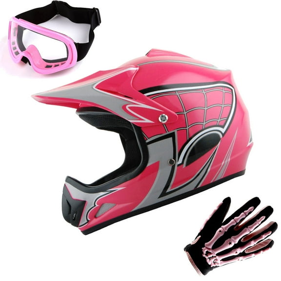 WOW Youth Kids Motocross BMX MX ATV Dirt Bike Helmet HJOY Spider Web Pink + Goggles + Skeleton Pink Glove Bundle