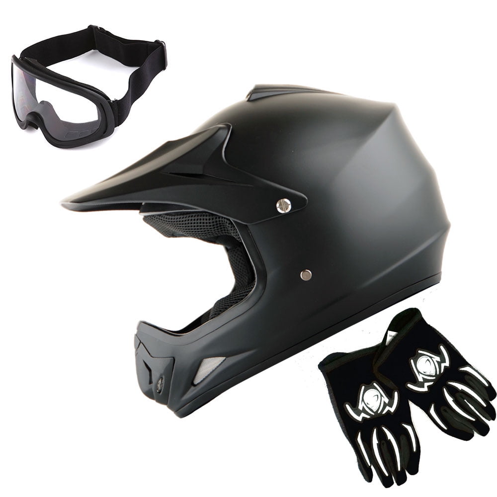 WOW Youth Kids Motocross Helmet BMX MX ATV Dirt Bike Helmet HJOY Matt Black + Goggles + MG Youth Black Glove Bundle