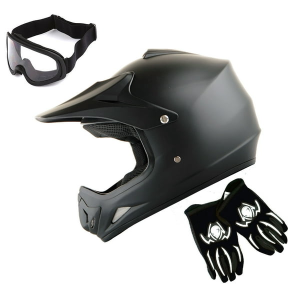 WOW Youth Kids Motocross Helmet BMX MX ATV Dirt Bike Helmet HJOY Matt Black + Goggles + MG Youth Black Glove Bundle
