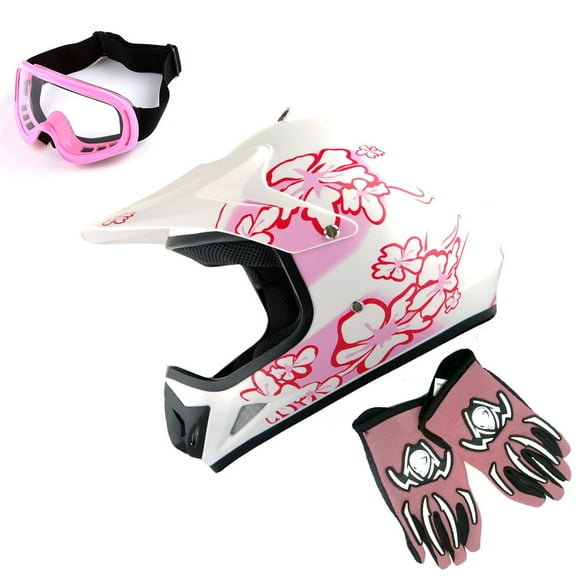 WOW Youth Kids Motocross Helmet BMX MX ATV Dirt Bike Helmet HJOY Pink Flower + Goggles + MG Youth Pink Glove Bundle