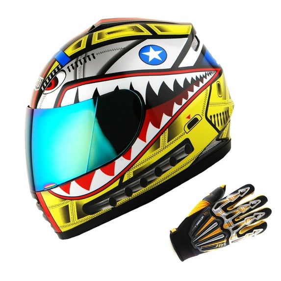 WOW Youth Kids Motorcycle Full Face Helmet Street Bike B15 BMX MX Shark Yellow + Skeleton Glove Bundle