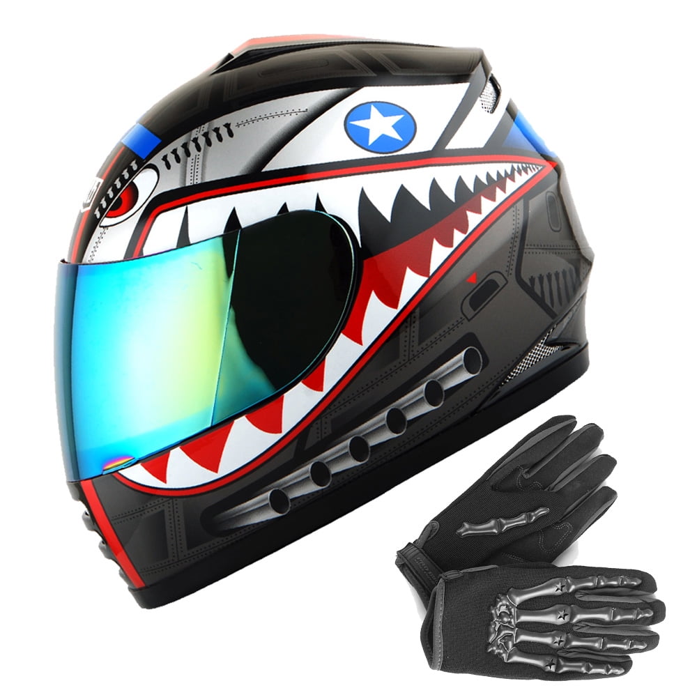 WOW Youth Motorcycle Full Face Helmet Street Bike BMX MX Kids B15 Shark Black + MX Skeleton Glove Bundle