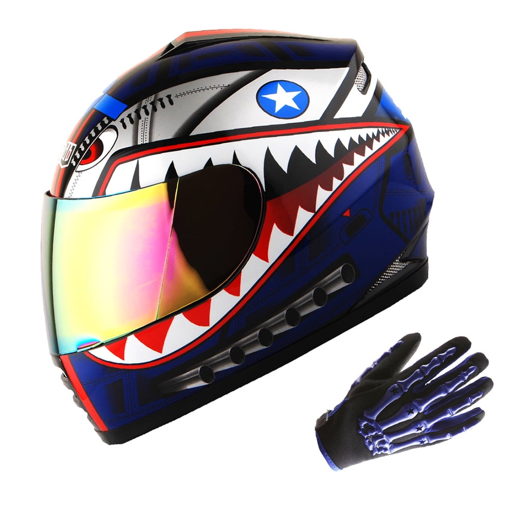 WOW Youth Motorcycle Full Face Helmet Street Bike BMX MX Kids B15 Shark Blue + MX Skeleton Glove Bundle