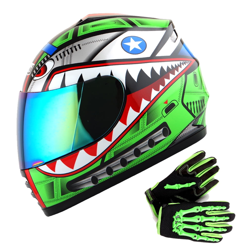 WOW Youth Motorcycle Full Face Helmet Street Bike BMX MX Kids B15 Shark Green + MX Skeleton Glove Bundle
