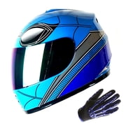 WOW Youth Motorcycle Full Face Helmet Street Bike BMX MX Kids B15 Spider Blue + MX Skeleton Glove Bundle