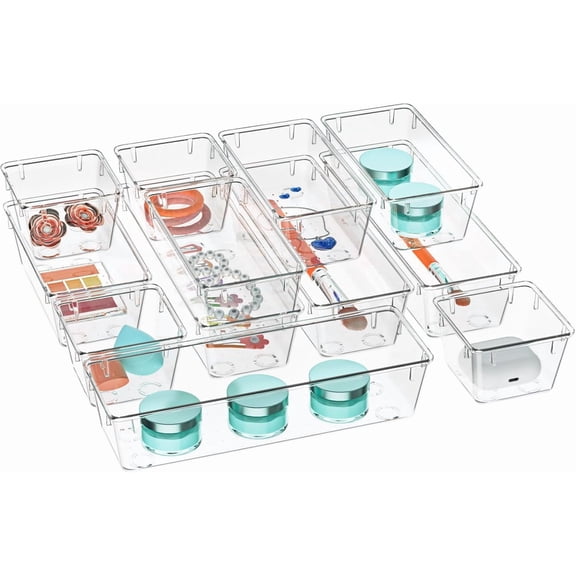WOWBOX 6 Pack Clear Drawer Organizer Set, Acrylic Drawer Storage Trays, Storage Bins for Makeup, Cosmetics, Jewelries, Utensils, Gadgets, Office