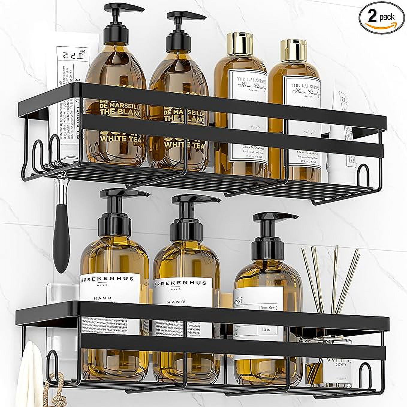 Black Metal Adhesive Shower Caddy with Hooks, 2 Pack