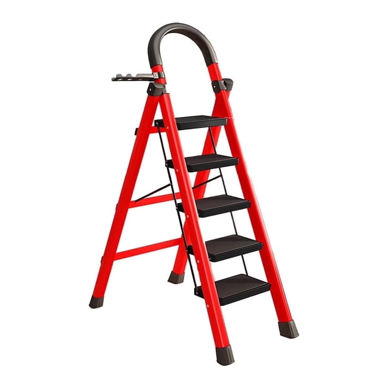 WOWDVOV Red 5-Step Ladder, 440lbs Portable Folding Ladders for Home ...
