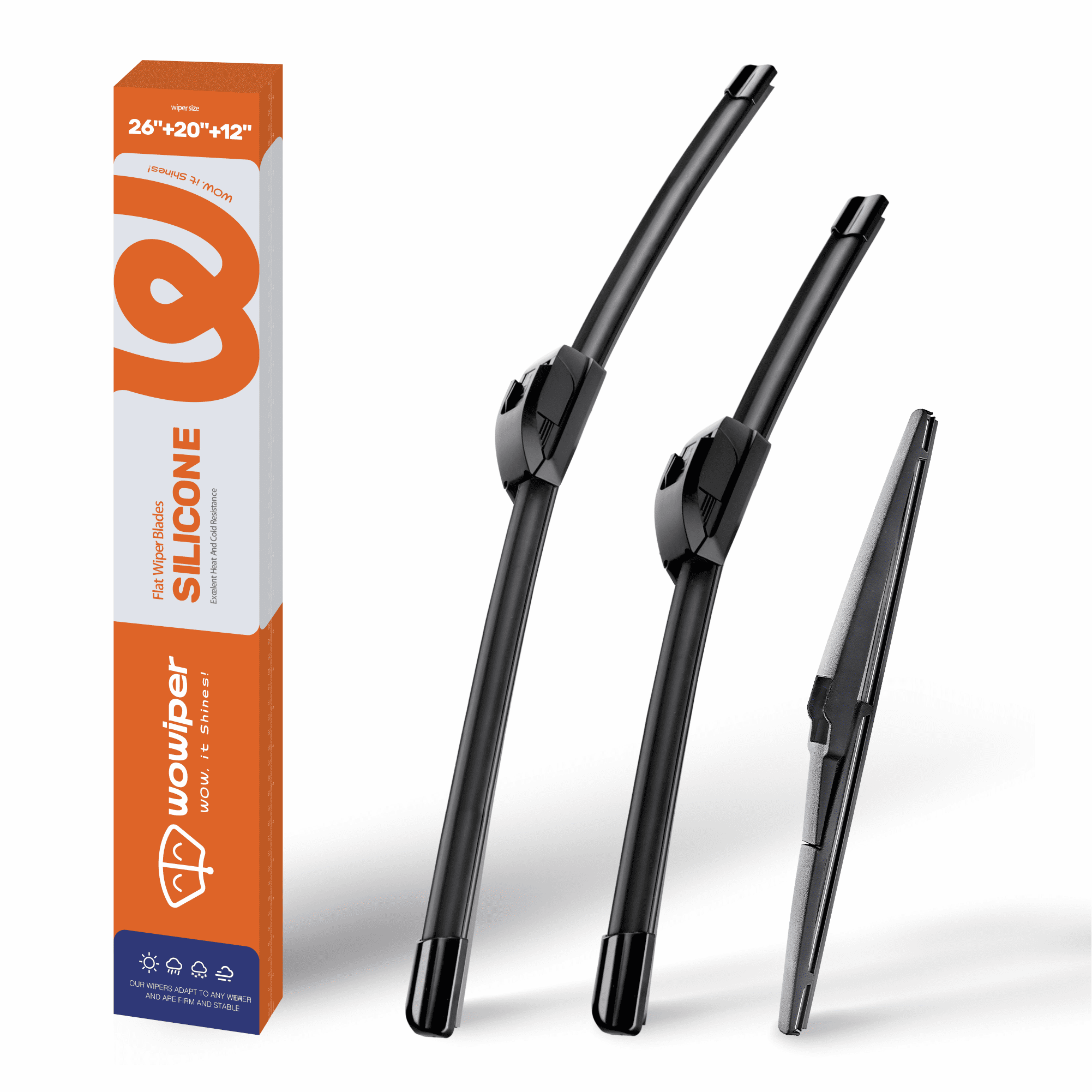 WOWIPER 26"+20"+12" Premium Silicone Wiper Blades 3-Pack – Water Repellent Beam Fit J-Hook – OEM All-Season with Rear Wiper for Toyota Highlander 2008-2019