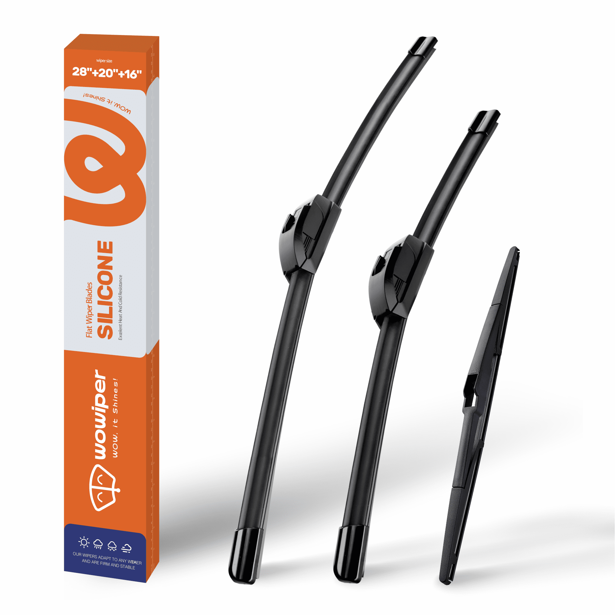 WOWIPER 28"+20"+16" Premium Silicone Wiper Blades 3-Pack – Water Repellent Beam Fit J-Hook – OEM All-Season with Rear Wiper for Toyota Sienna 2011-2020