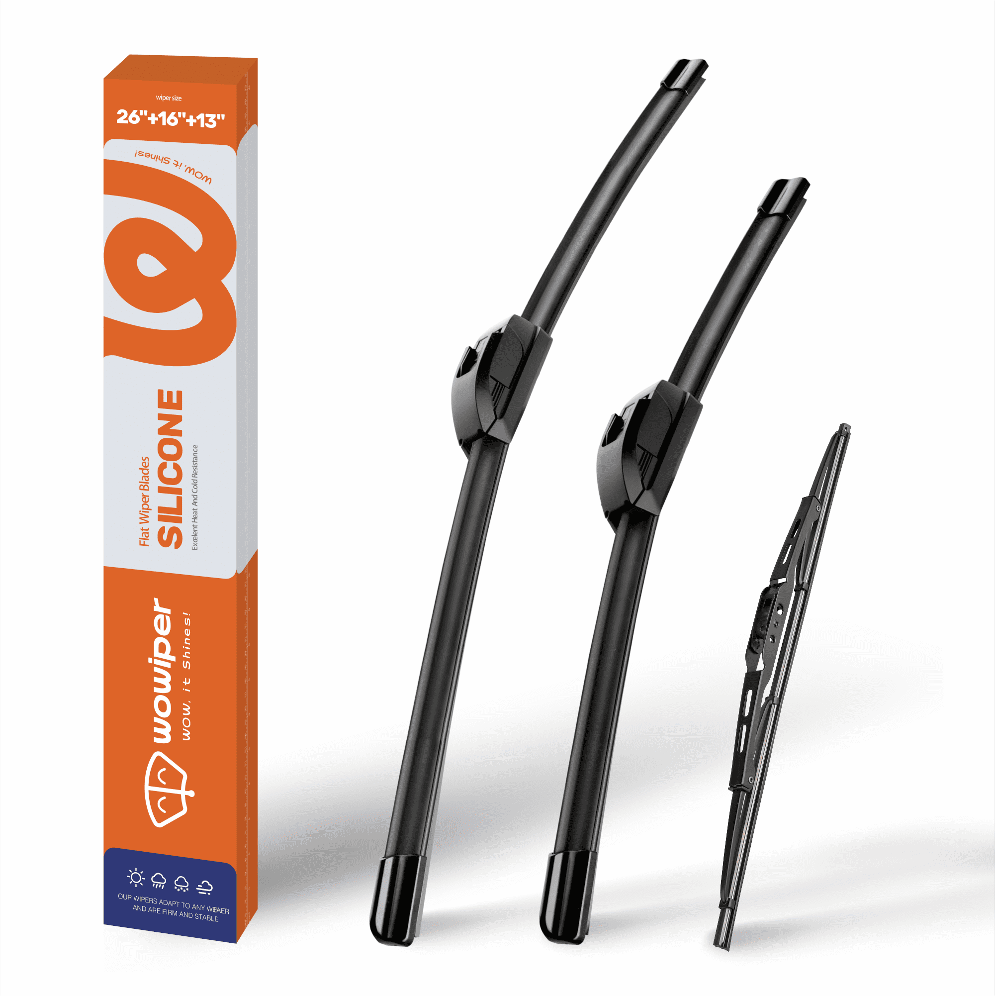 WOWIPER 26"+16"+13" Premium Silicone Wiper Blades 3-Pack – Water Repellent Beam Fit J-Hook – OEM All-Season with Rear Wiper for Honda CRV 2012-2016