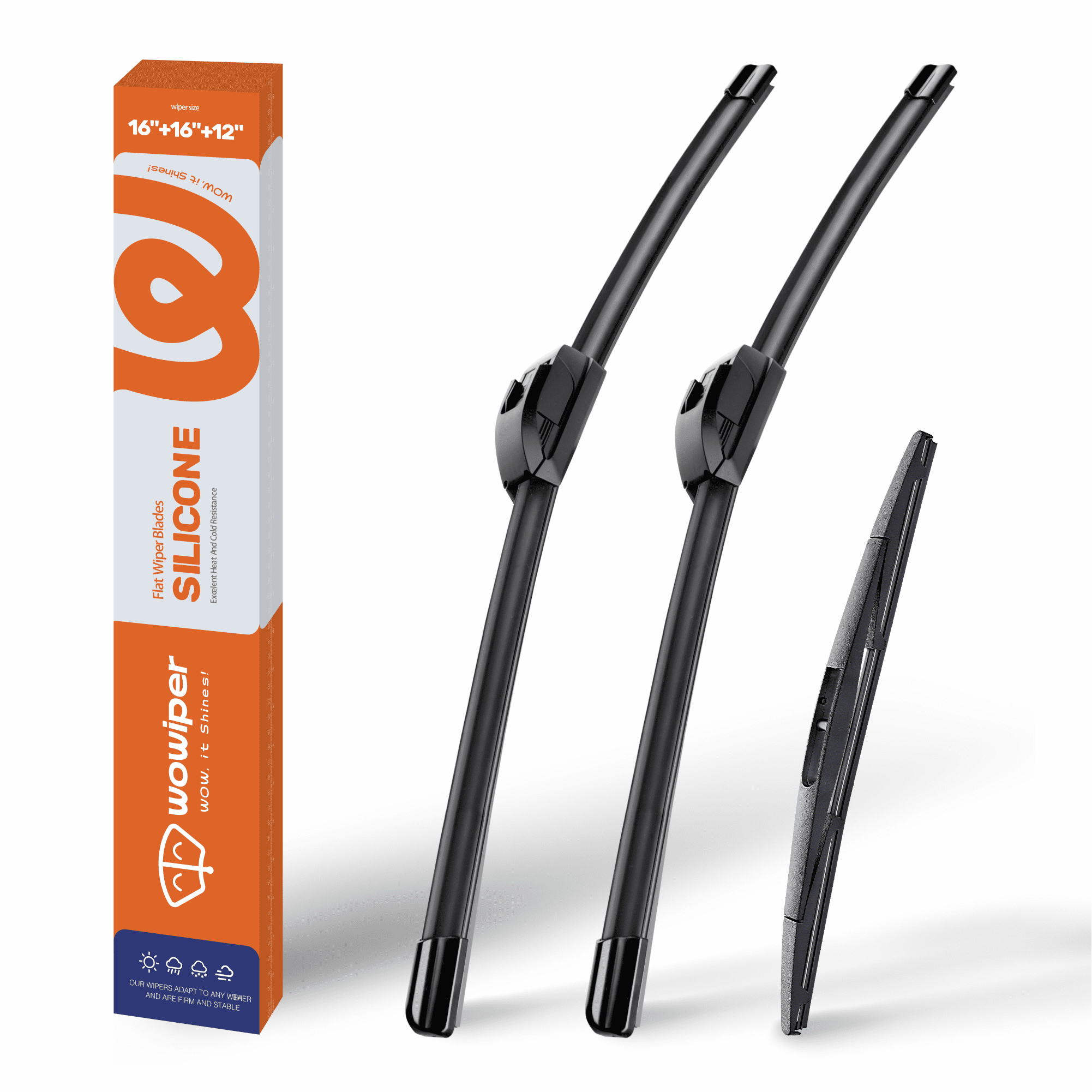 WOWIPER 16"+16"+12" Premium Silicone Wiper Blades 3-Pack – Water Repellent Beam Fit J-Hook – OEM All-Season with Rear Wiper for Jeep Wrangler 2018-2024