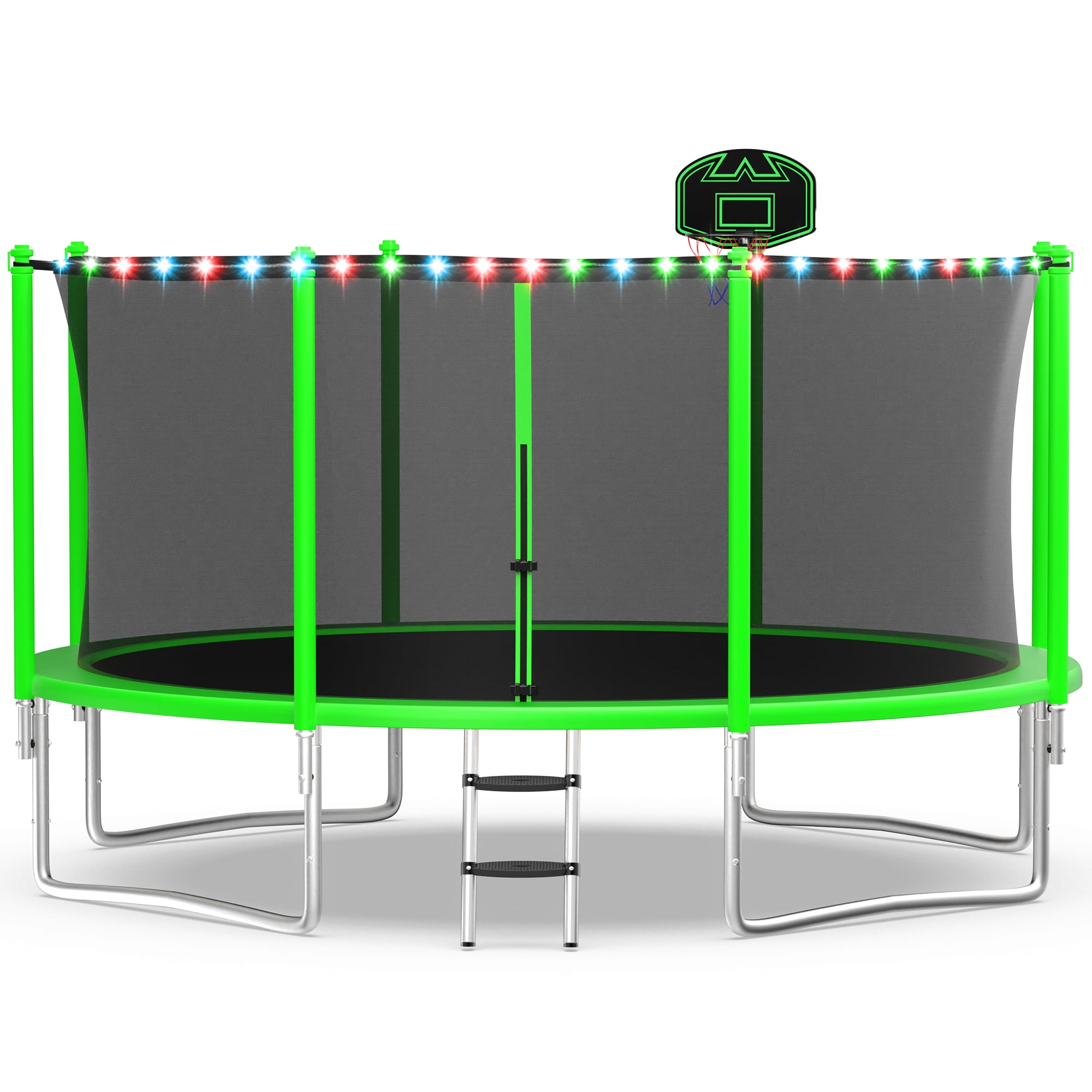 WOWLAND 12FT Trampoline for Kids and Adults 1200LBS Weight Capacity, Heavy Duty Outdoor Trampolines with Enclosure Net and Wind Stakes, Kids Trampoline with Basketball Hoop and Lights, Birthday Gift