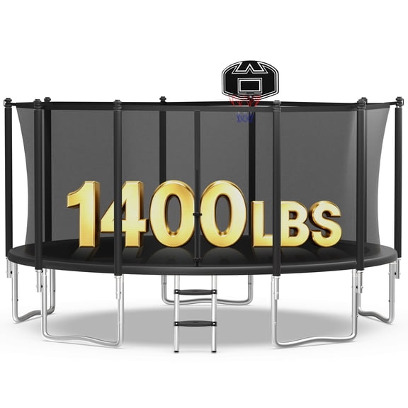 WOWLAND 14FT Trampoline for Adults and Kids 1400LBS Weight Capacity, Heavy Duty Outdoor Trampolines with Basketball Hoop and Enclosure Net for Backyard, Birthday Gift