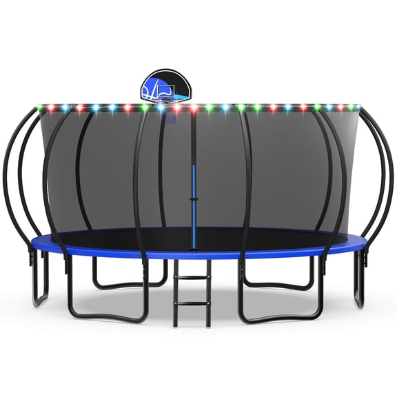 WOWLAND 15FT Trampoline for Adults and Kids 1500LBS Weight Capacity, Heavy Duty Outdoor Trampolines with Enclosure Net, Kids Trampoline with Basketball Hoop and Lights, Birthday Gift